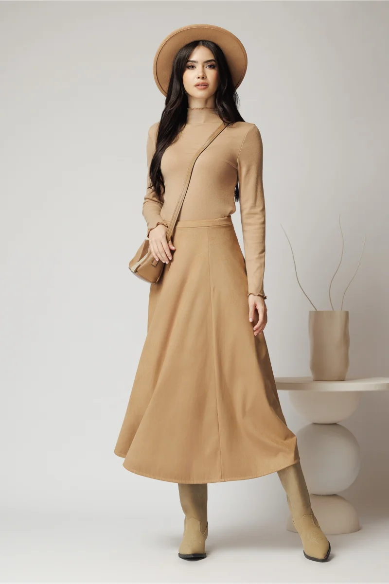 Fusta midi din catifea maro camel
