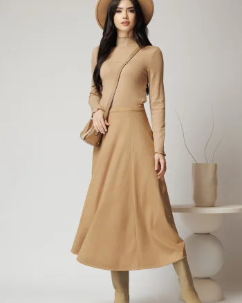 Fusta midi din catifea maro camel