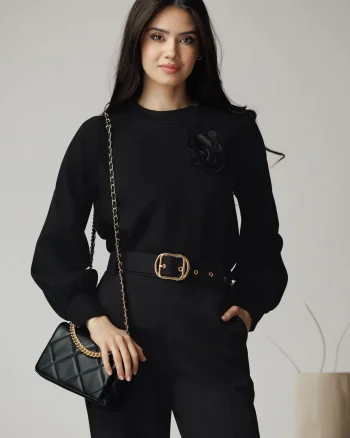Bluza DY Fashion casual din jerse neagra cu floare din organza