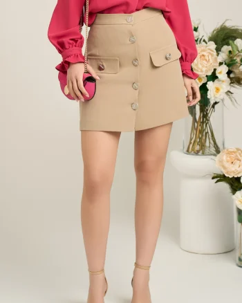 Fusta DY Fashion scurta office din stofa bej cu nasturi