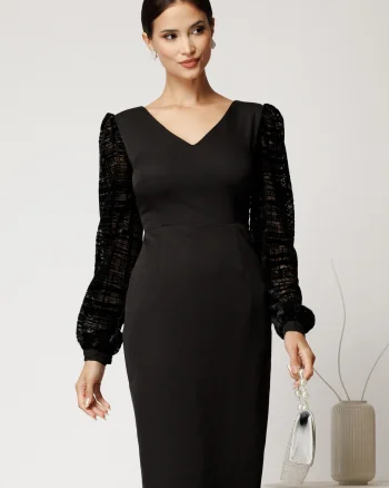 Rochie DY Fashion midi neagra din stofa conica cu maneci din dantela