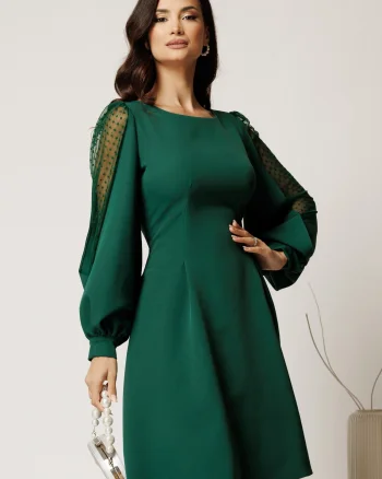 Rochie DY Fashion scurta verde din stofa in clini cu maneci din tull cu buline