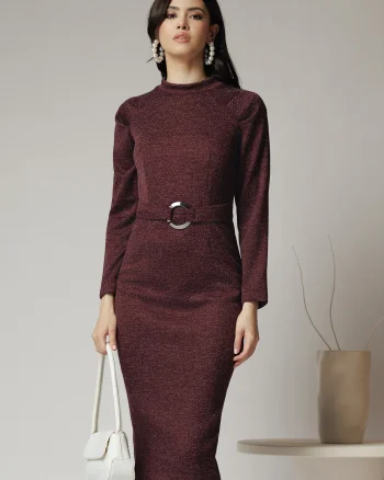 Rochie Moze office din jerse burgundy cu catarama in talie