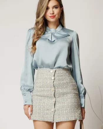 Bluza eleganta bleu lejera din voal cu maneca lunga