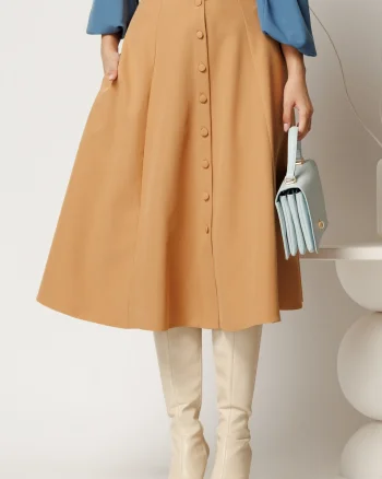 Fusta DY Fashion midi camel cu nasturi si curea in talie