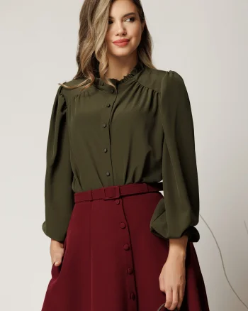Camasa DY Fashion kaki din voal plin cu guler incretit