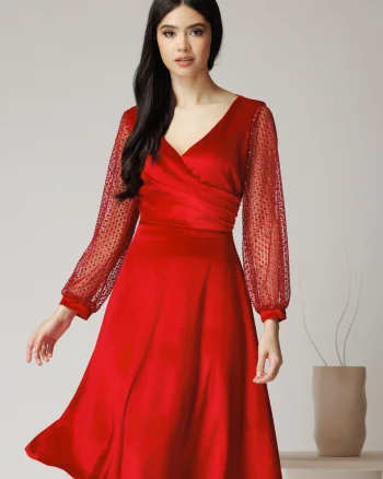 Rochie Ella Collction Carmen eleganta din catifea rosie cu glitter pe maneci
