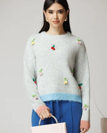 Bluza casual din tricot gri cu cirese crosetate