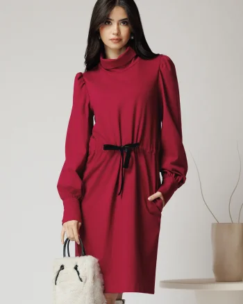 Rochie DY Fashion smart-casual din jerse fucsia cu snur in talie