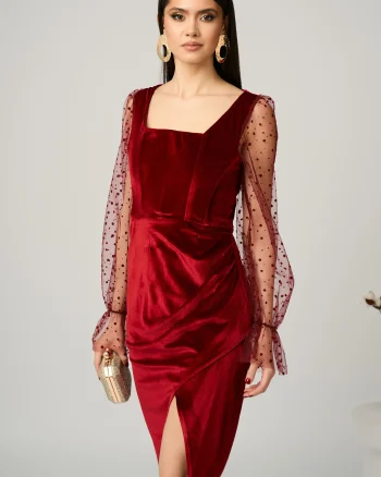 Rochie eleganta din catifea bordo cu maneci din tull cu buline