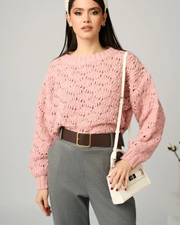 Pulover casual din tricot roz cu perle