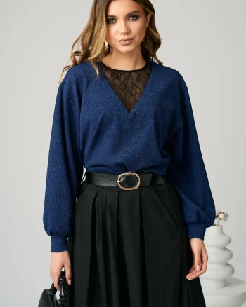 Bluza DY Fashion smart-casual din jerse bleumarin cu insertie din dantela