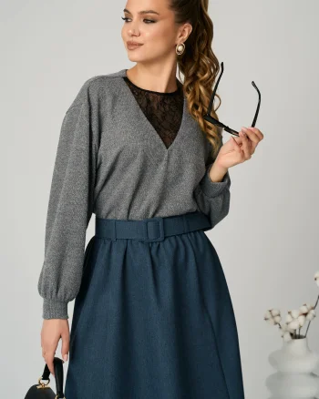 Bluza DY Fashion smart-casual din jerse gri cu insertie din dantela