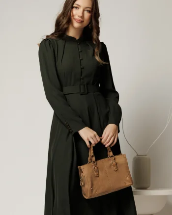 Rochie DY Fashion kaki din triplu voal cu nasturi pe bust si curea in talie
