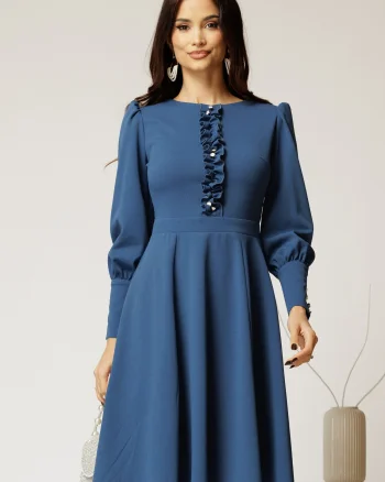 Rochie DY Fashion albastra eleganta cu volan incretit pe bust si nasturi bijuterie