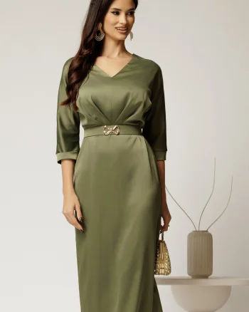 Rochie midi verde satinata cu decolteu in V