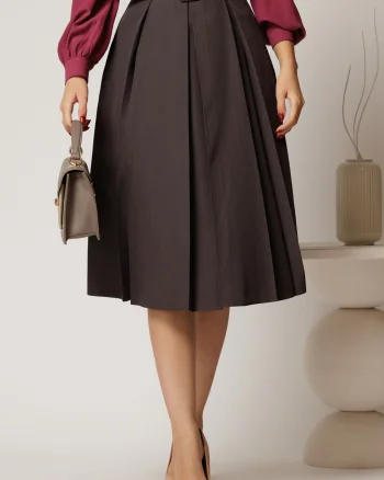 Fusta DY Fashion gri in clos cu pliuri ample si curea in talie