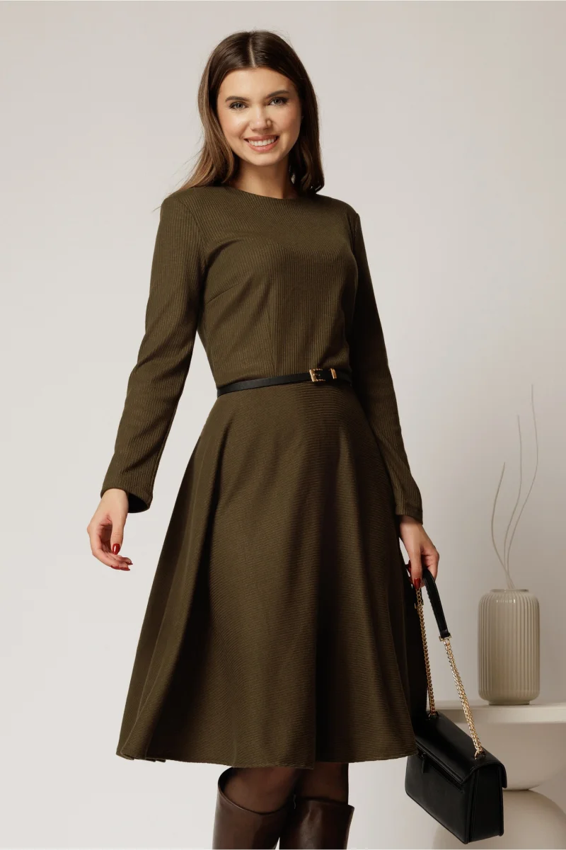 Rochie DY Fashion din tricot kaki cu curea subtire si fusta clos