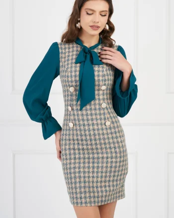 Rochie DY Fashion bej cu imprimeu peptit turcoaz si maneci din voal