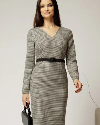 Rochie DY Fashion conica din stofa carou negru gri si curea in talie