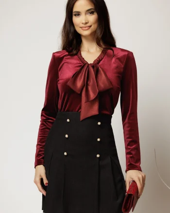 Bluza bordo din catifea cu guler esarfa