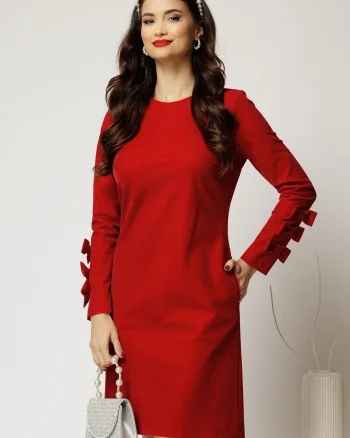 Rochie DY Fashion scurta din catifea fixa bordo cu funde pe maneci