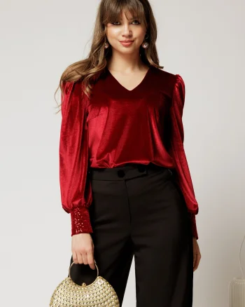 Bluza DY Fashion din catifea bordo cu mansete din paiete si decolteu in V