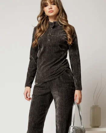 Bluza DY Fashion gri din catifea velurata cu nasturi la bust