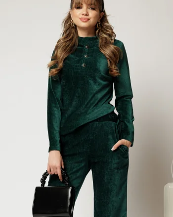 Bluza DY Fashion verde din catifea velurata cu nasturi la bust