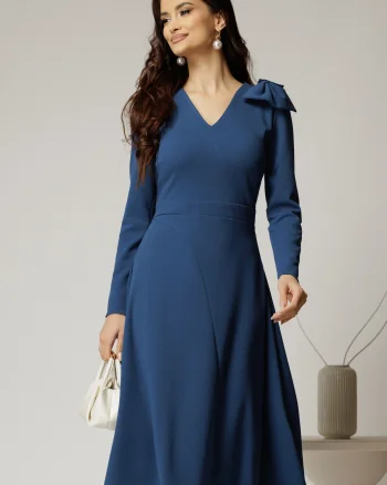 Rochie DY Fashion albastra midi cu funda pe umar