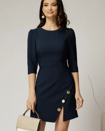 Rochie scurta bleumarin cu fusta tip A si nasturi decorativi