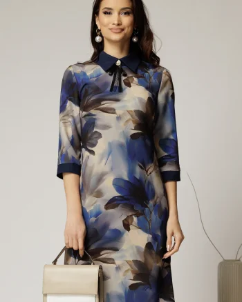 Rochie DY Fashion midi cu imprimeu albastru cu guler tip camasa