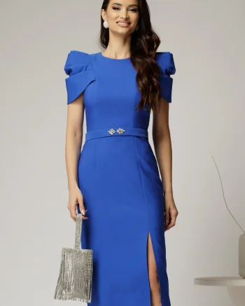 Rochie DY Fashion midi albastra de ocazie cu umeri bufanti si cordon detasabil