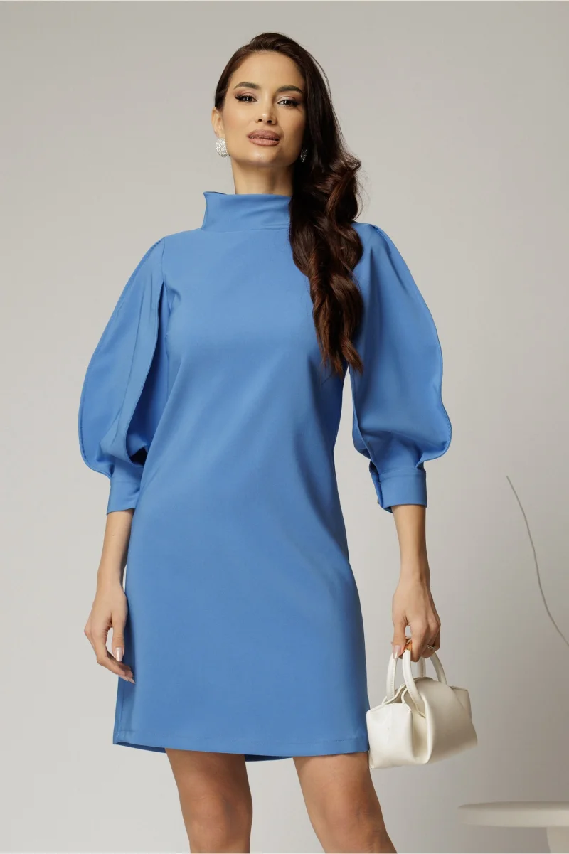 Rochie bleu cu maneci bufante si guler maxi