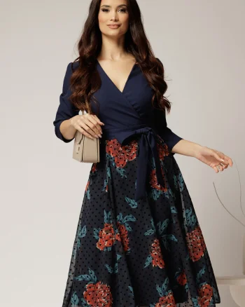 Rochie DY Fashion midi bleumarin cu decolteu petrecut si fusta din voal imprimat