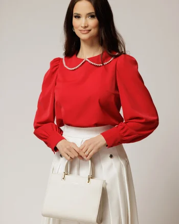 Bluza DY Fashion eleganta din triplu voal rosie cu detalii perlate la guler