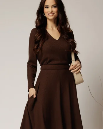 Bluza DY Fashion din tricot maro cu decolteu in V