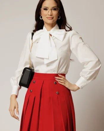 Bluza alba din poplin cu esarfa tip funda la gat