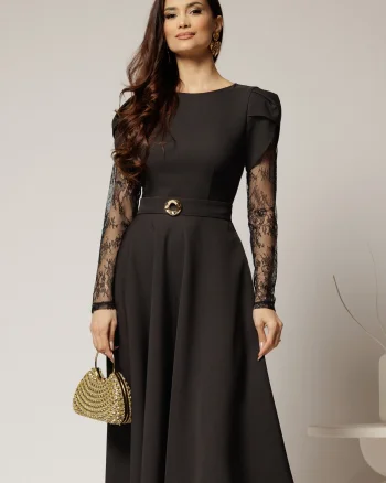 Rochie midi neagra cu maneci din dantela si cordon detasabil