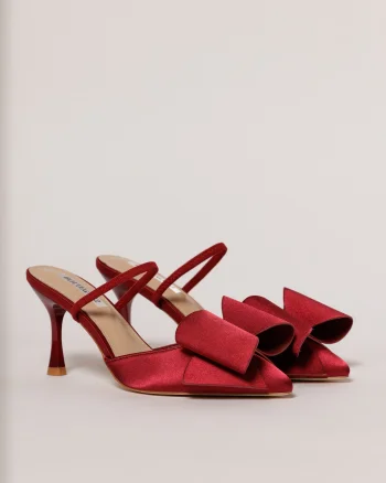 Pantofi burgundy eleganti din satin cu funda maxi