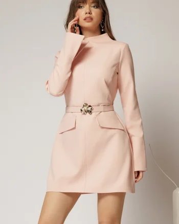 Rochie DY Fashion scurta roz din stofa cu clapete tip buzunare si curea in talie