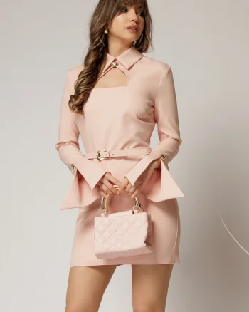Rochie DY Fashion scurta roz cu guler tip camasa si accesoriu