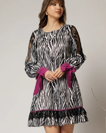 Rochie scurta zebra print din satin cu detalii mov