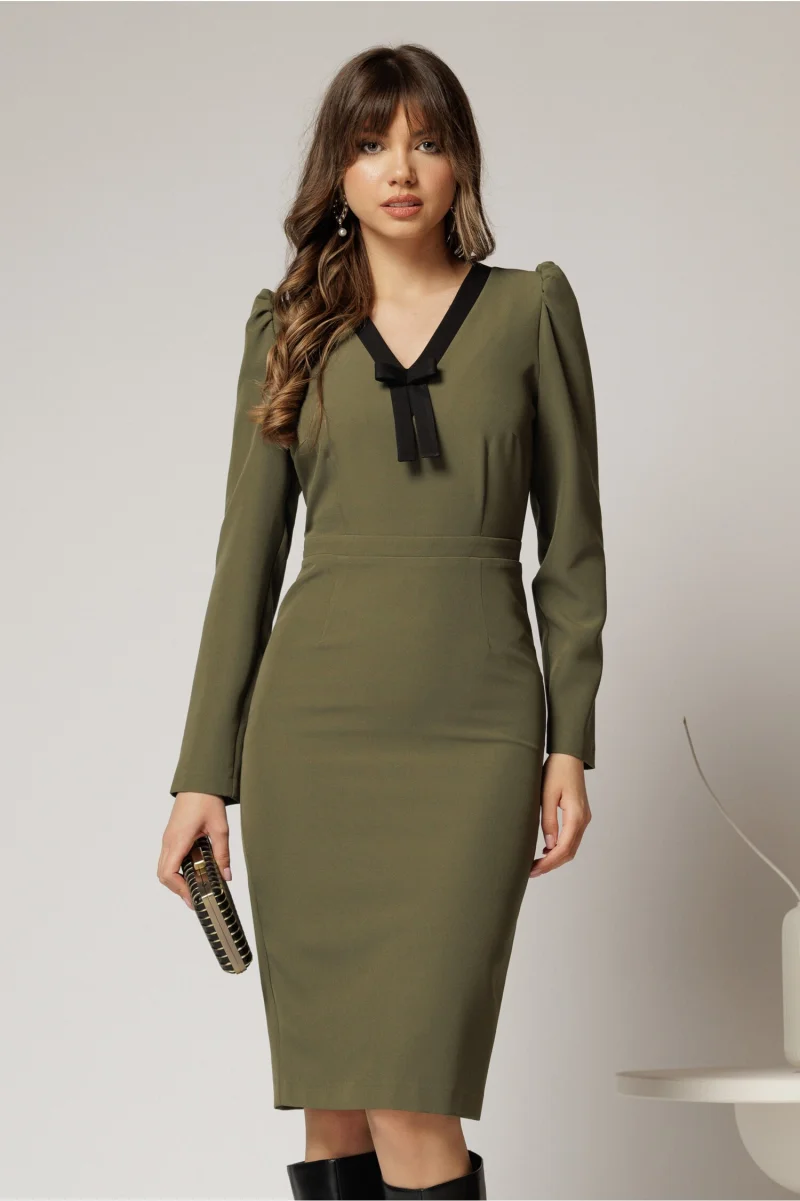 Rochie DY Fashion scurta kaki office conica cu decolteu in V si funda