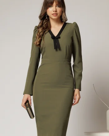 Rochie DY Fashion scurta kaki office conica cu decolteu in V si funda