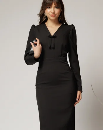Rochie DY Fashion scurta neagra office conica cu decolteu in V si funda