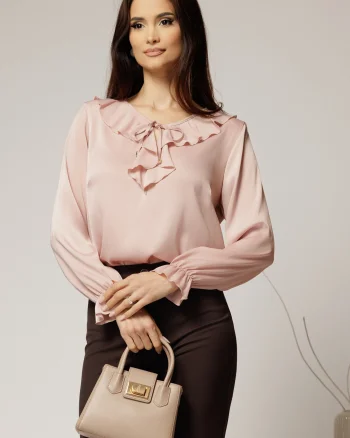 Bluza roz eleganta cu volanase si snur la decolteu