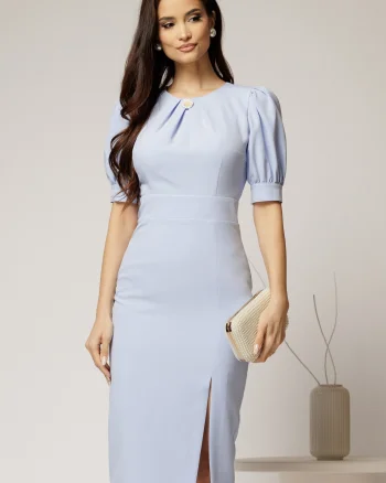 Rochie DY Fashion bleu conica cu maneci bufante scurte si detaliu la decolteu
