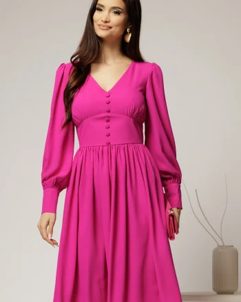 Rochie midi fucsia din voal plin cu nasturi pe bust