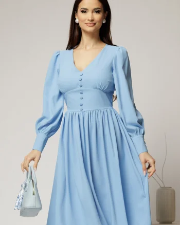 Rochie midi bleu din voal plin cu nasturi pe bust